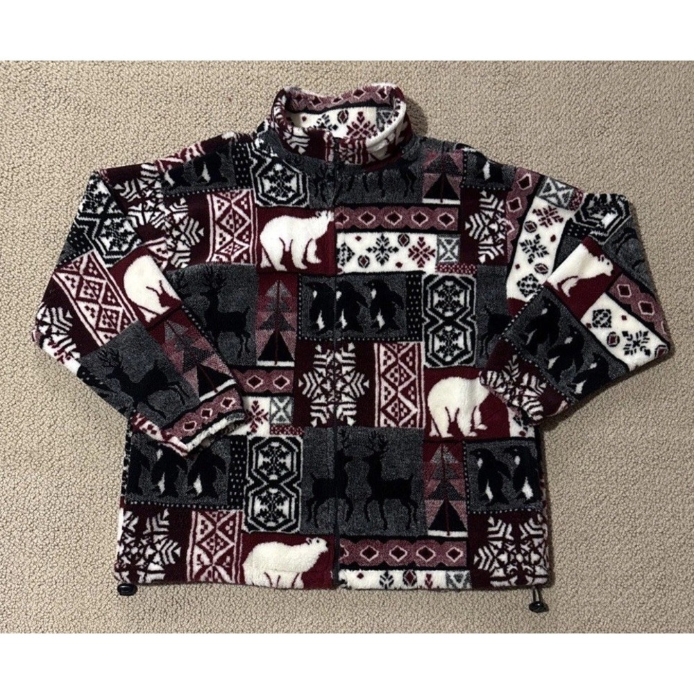 Vintage Black Mountain Fleece Jacket Adult Medium 90s Red Aztec Deer Bear Nature